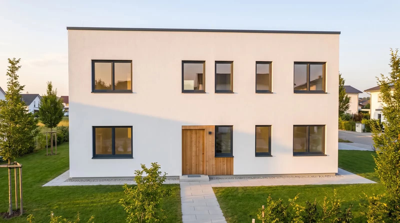 Visualisierung des Hauses von der Straße mit langen Schatten