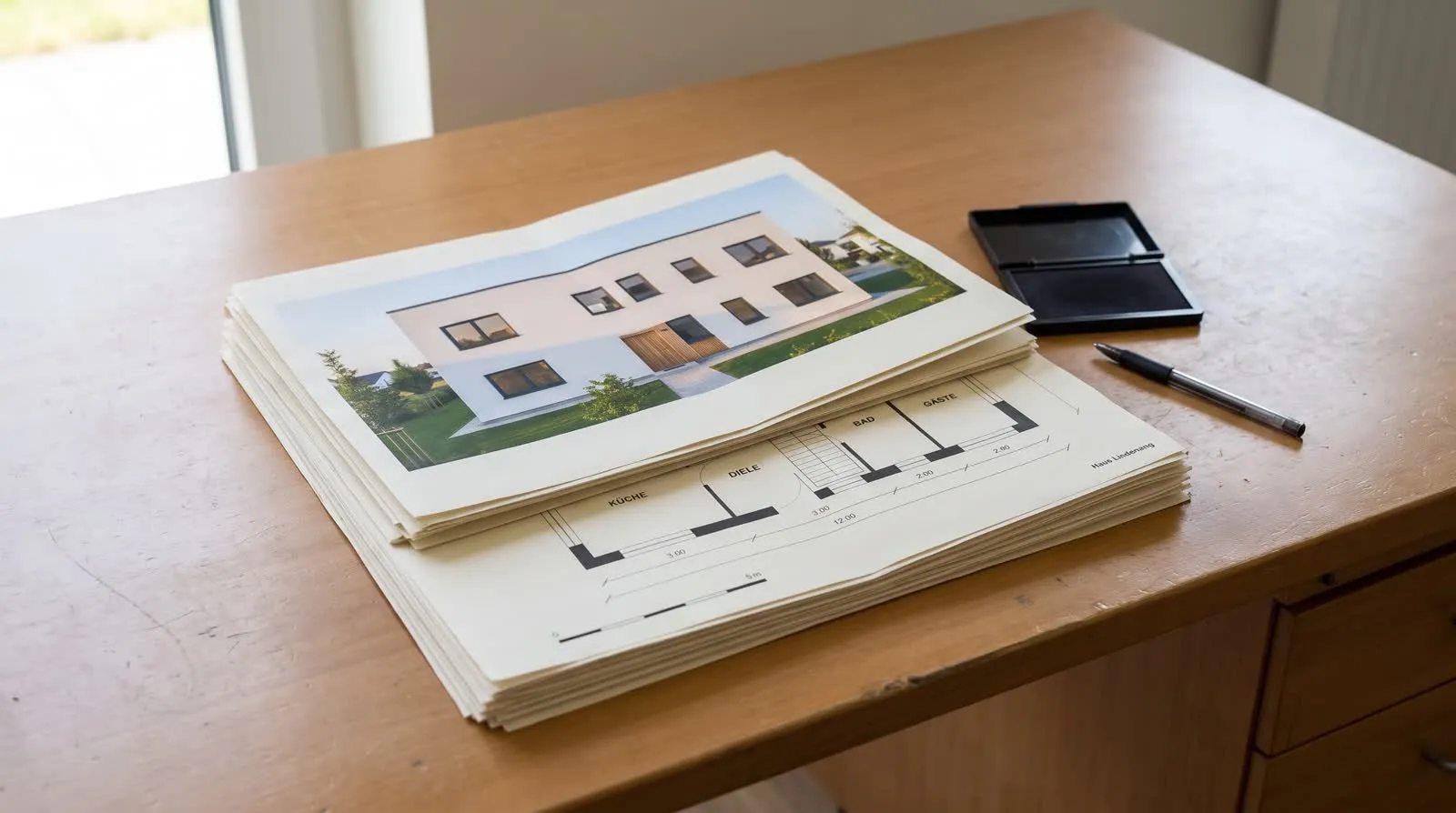 Stapel Einreichpläne mit einer aufgelegten Visualisierung auf einem Amtsschreibtisch
