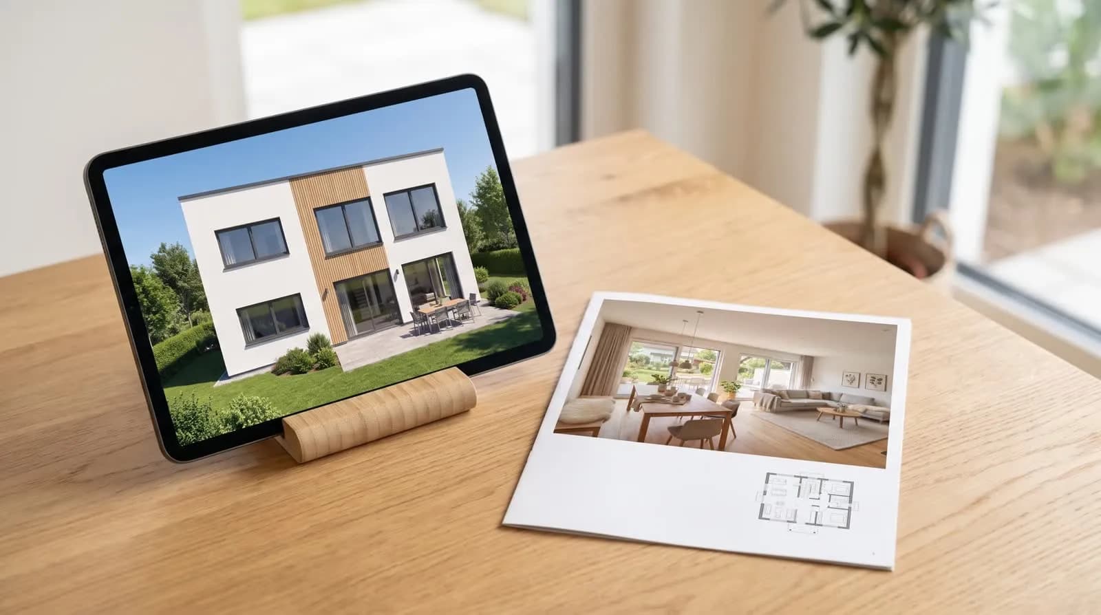 Tablet mit der Gartenansicht neben einer gedruckten Exposéseite mit Innenraum und Grundriss