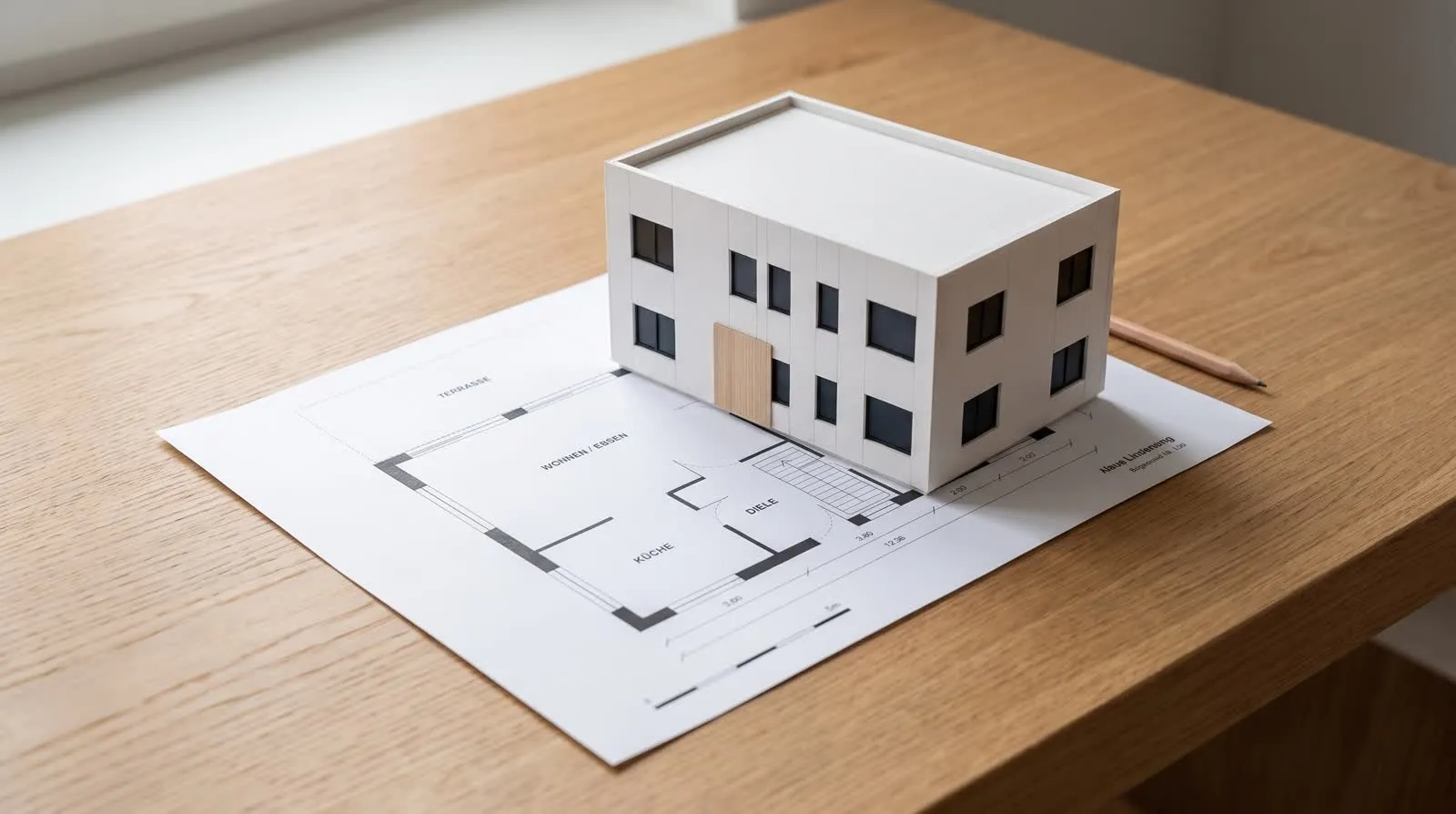 Gedruckter Grundriss auf einem Schreibtisch, darauf ein weißes Studienmodell desselben Hauses