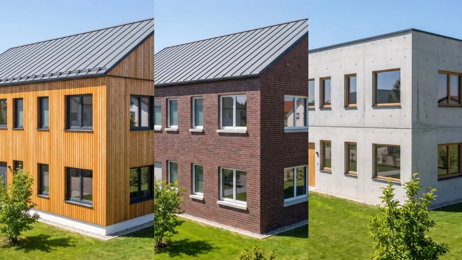 Drei Fassadenvarianten desselben Hauses nebeneinander: Lärche, Klinker, Sichtbeton