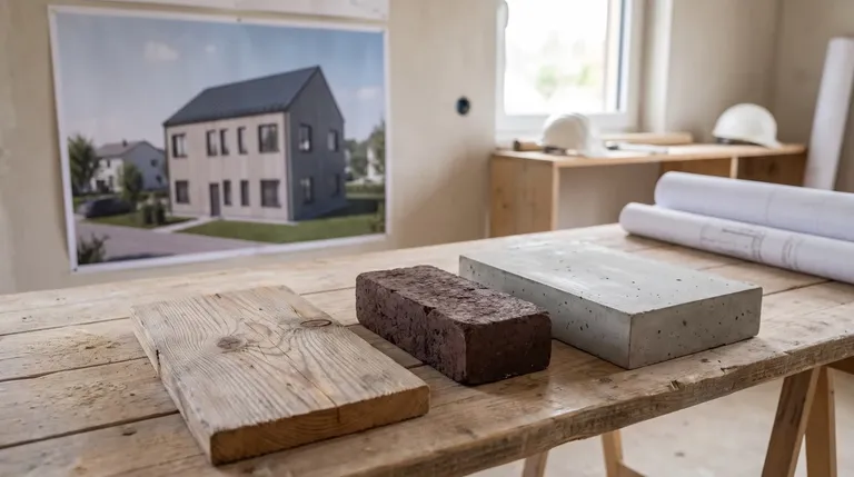 Drei Materialproben — Lärchenholz, Klinker und Sichtbeton — vor der gedruckten Visualisierung des Hauses