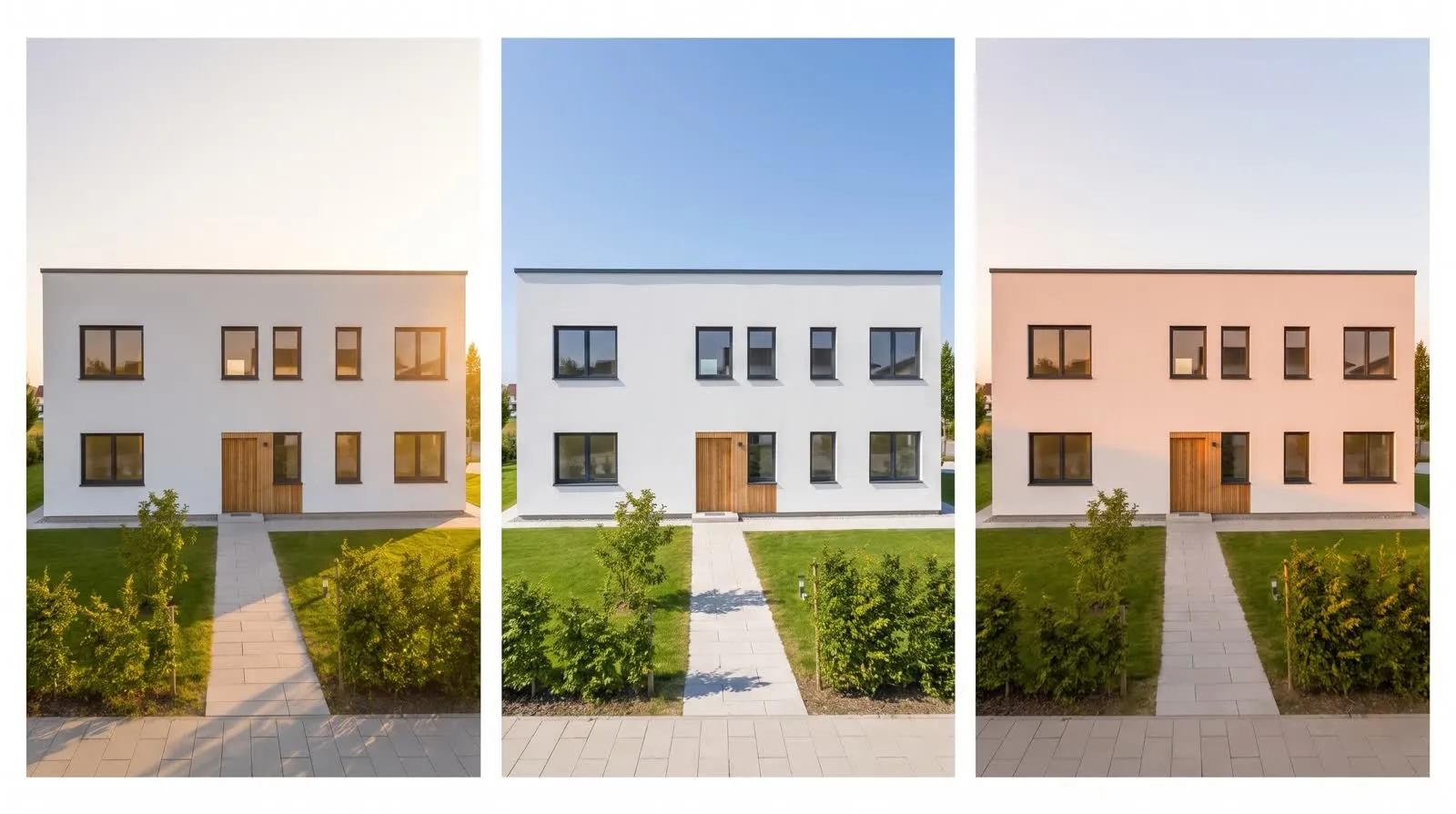 Dasselbe Haus dreimal nebeneinander: Morgenlicht, Mittagslicht und Nachmittagslicht mit unterschiedlichen Schatten