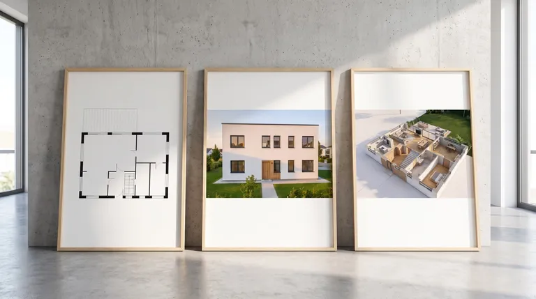 Drei Präsentationstafeln mit Grundriss und zwei Visualisierungen in einem Juryraum