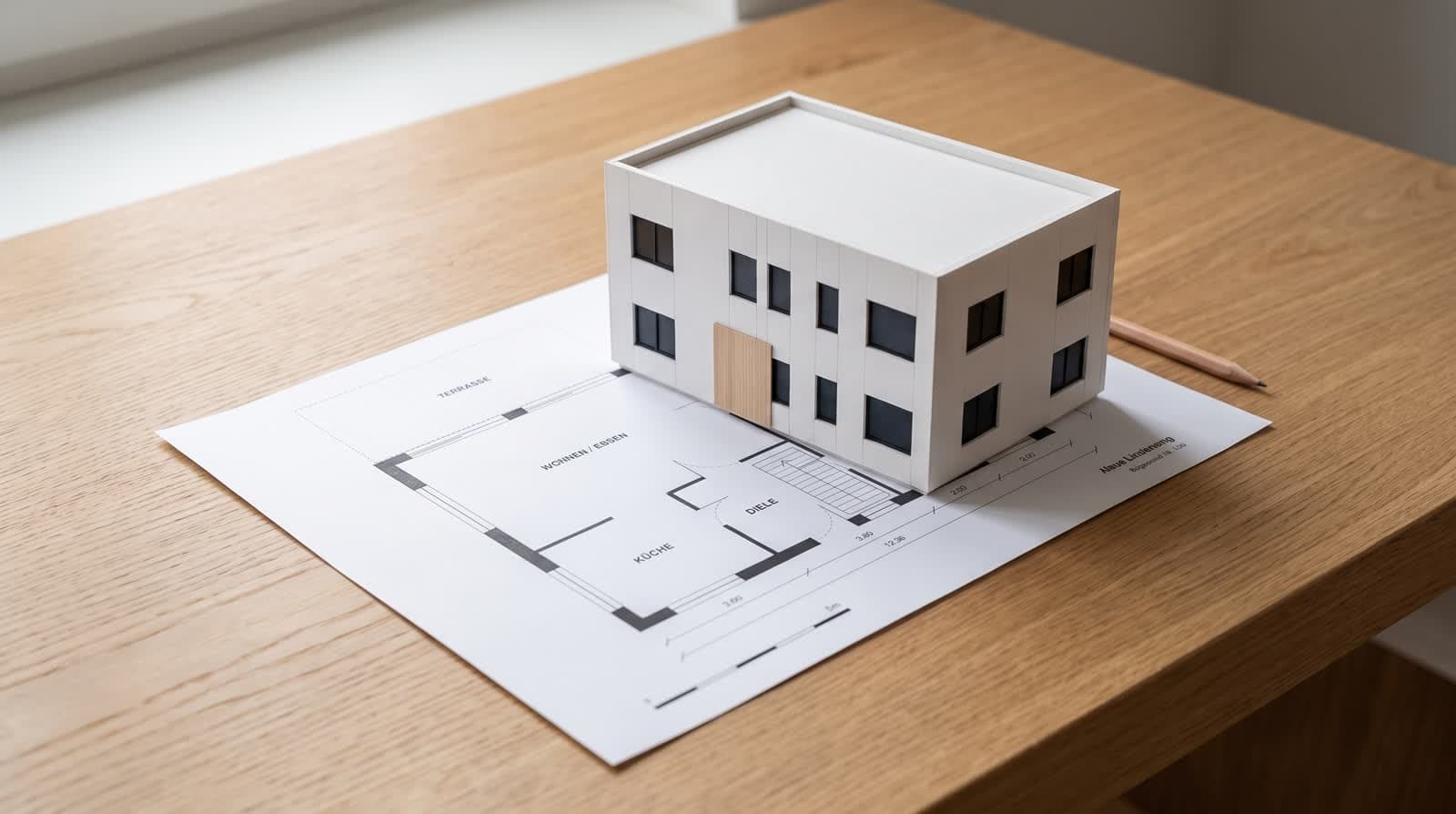 A printed floor plan on a desk with a white study model of the same house standing on it