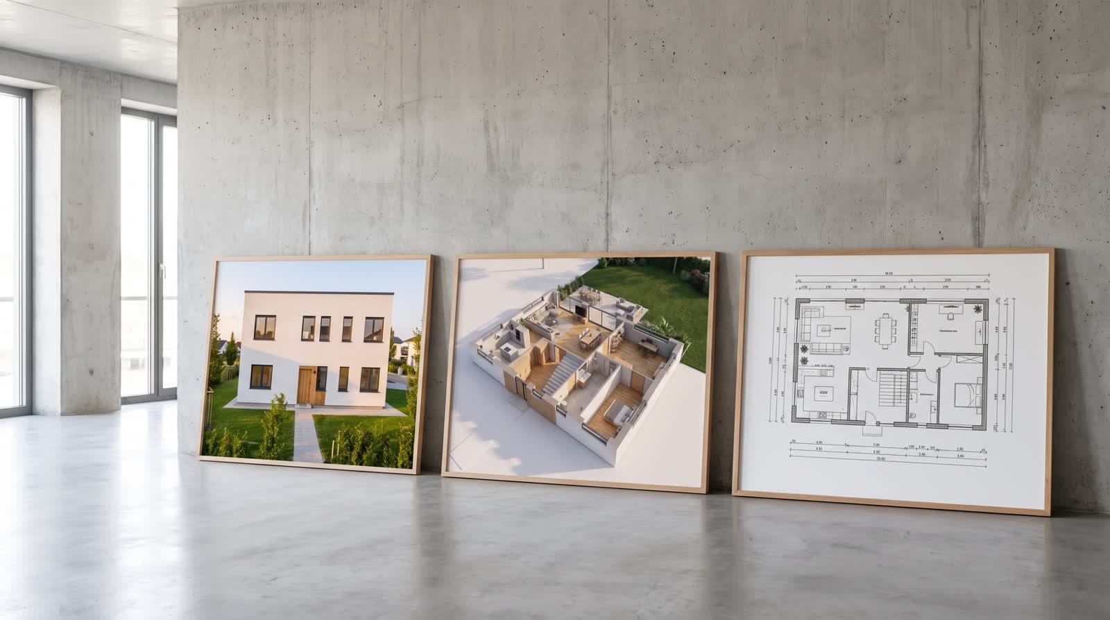 Three large presentation boards against a concrete wall in a bright jury room