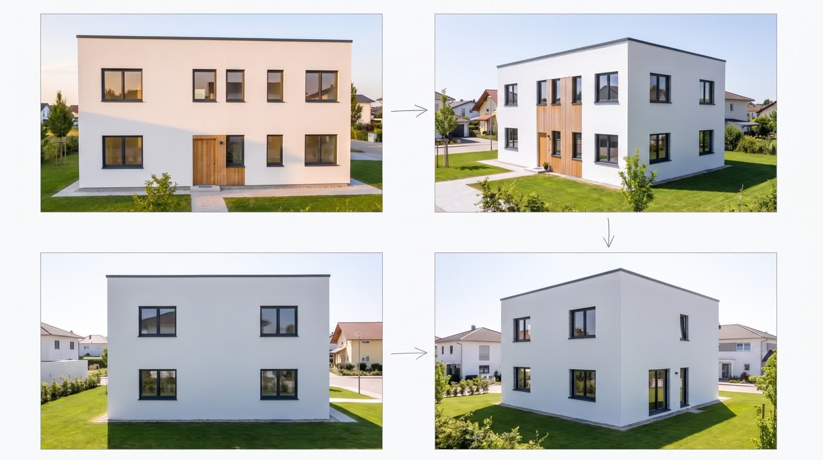 A storyboard with four frames of a camera flight around the same house