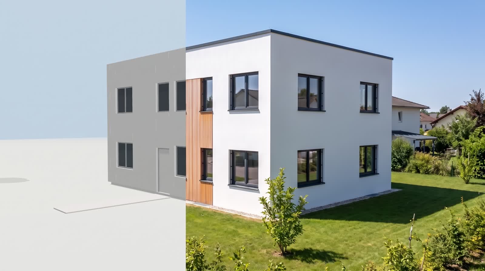 Dasselbe Haus, links als graues Modell, rechts als fertige Visualisierung, mit klarer Trennkante