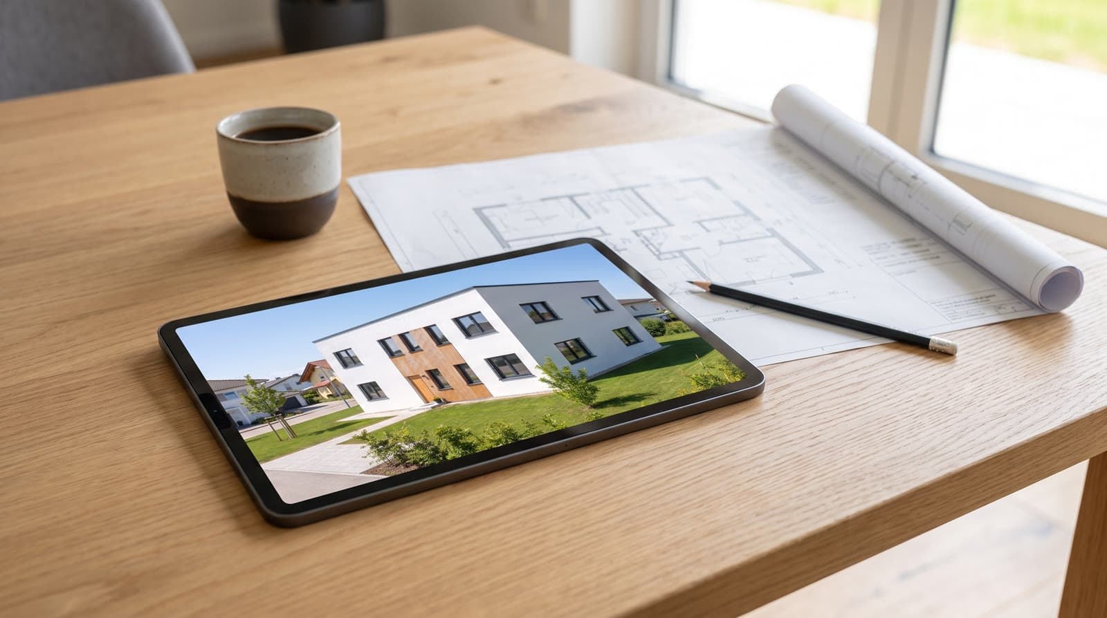 Tablet mit der Visualisierung auf einem Besprechungstisch