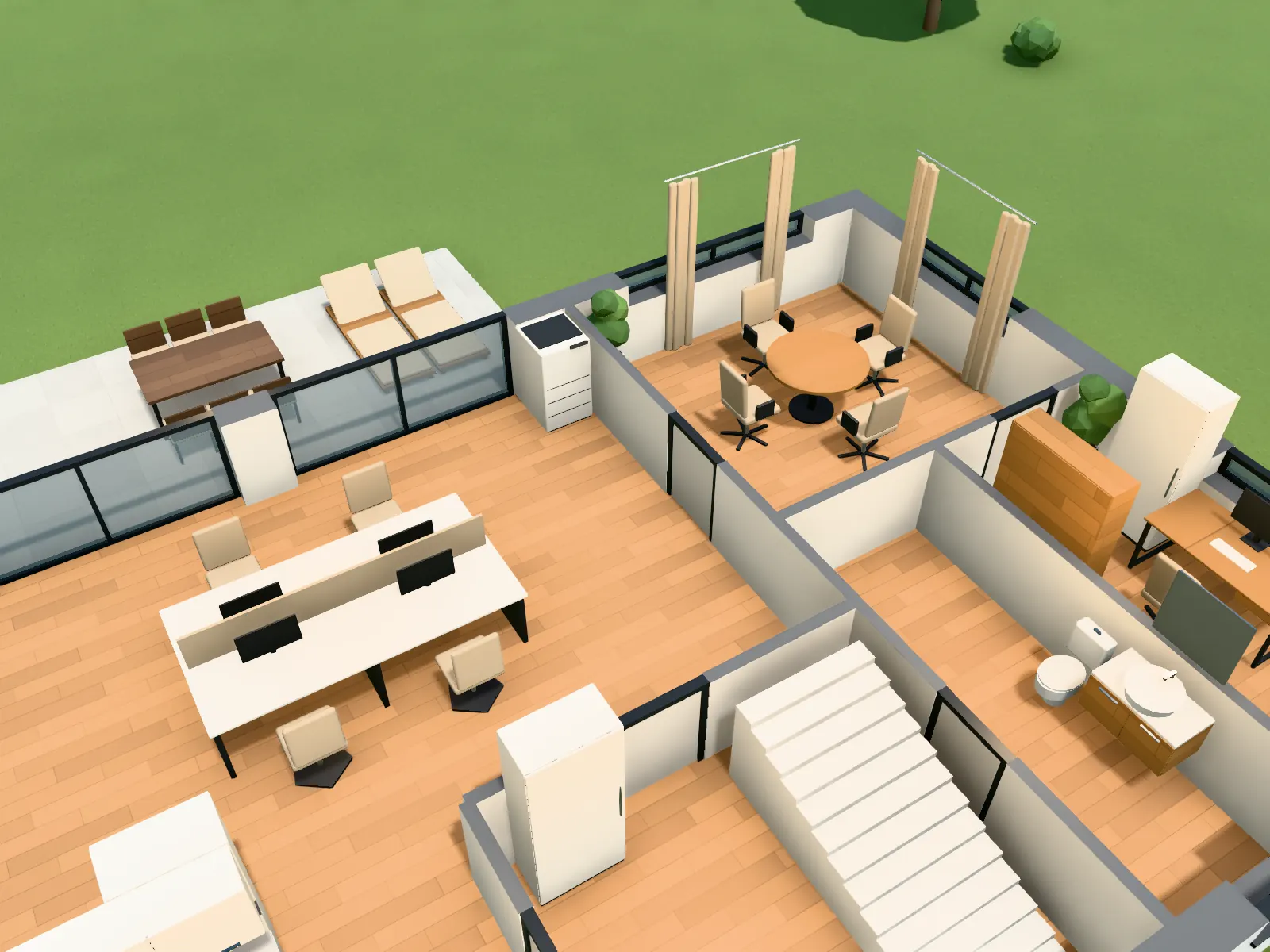 Open-plan office in the browser model with rows of bench desks, office chairs and filing cabinets