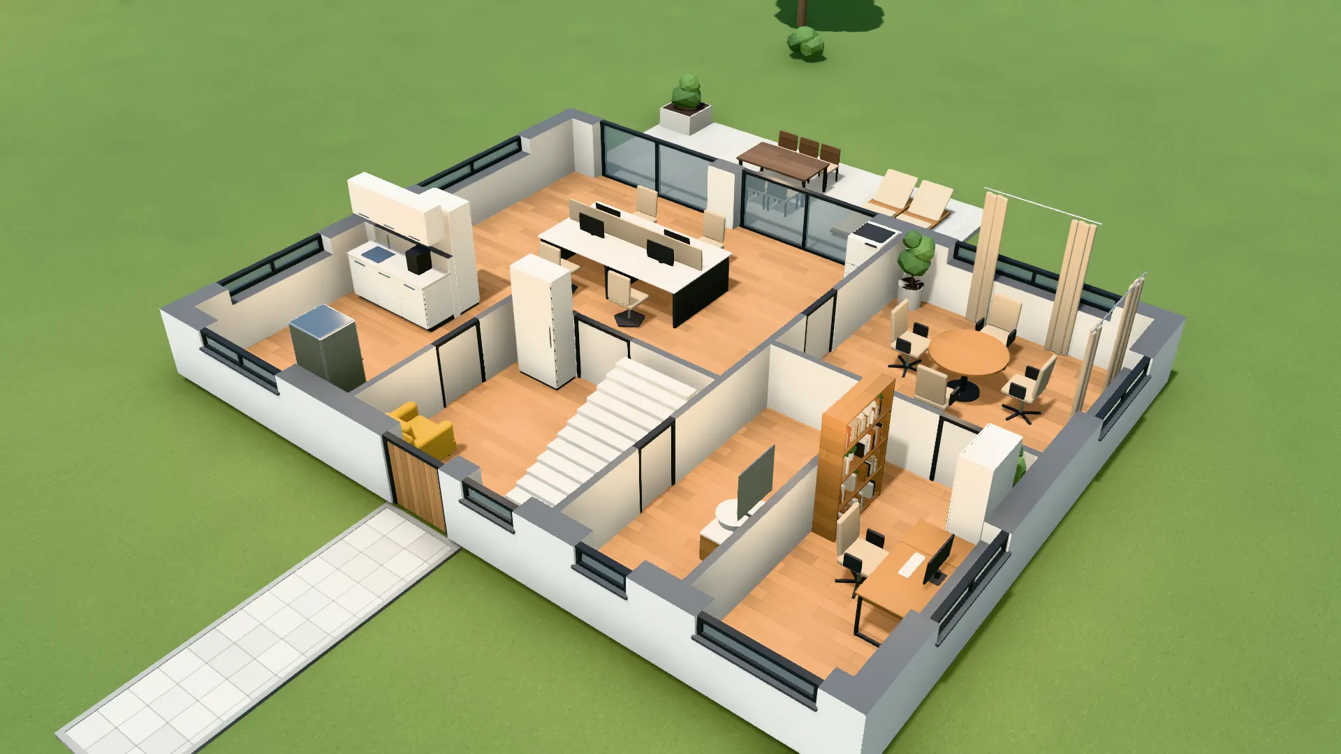 Office floor in section from above with workstations, meeting table and reception