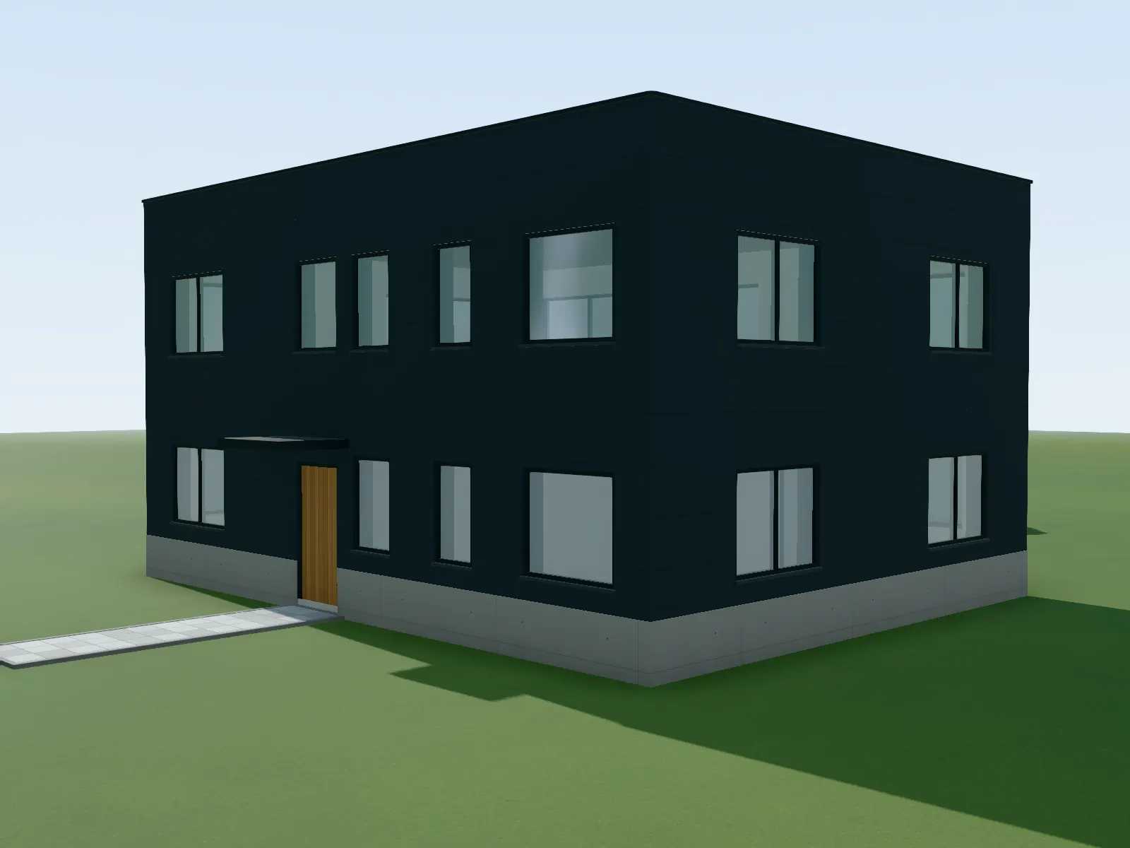 Browser model of a house with dark façade panels and a concrete plinth in evening light
