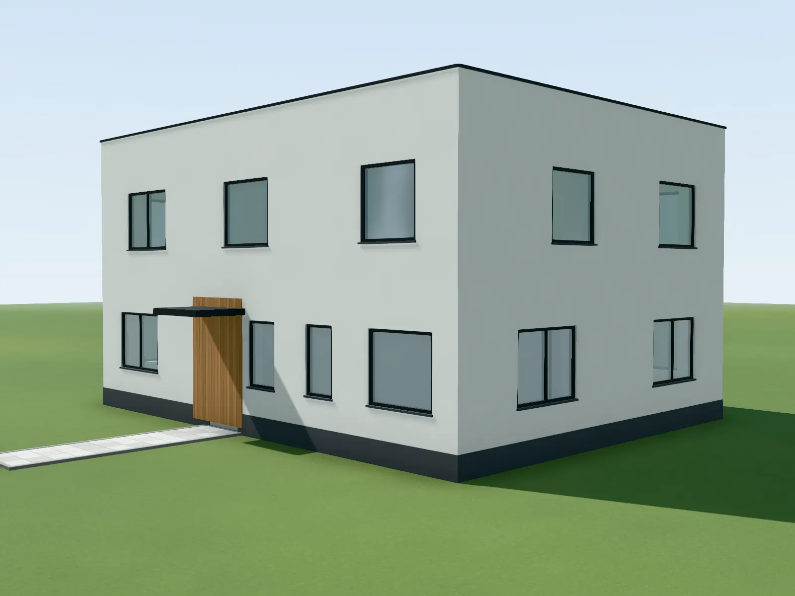 Browser model of a two-storey house seen from a corner, built from a floor plan that was read in