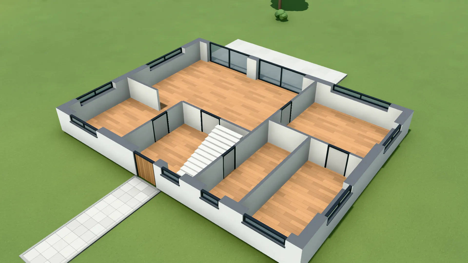 La même maison en coupe vue du dessus : murs, portes et pièces du rez-de-chaussée