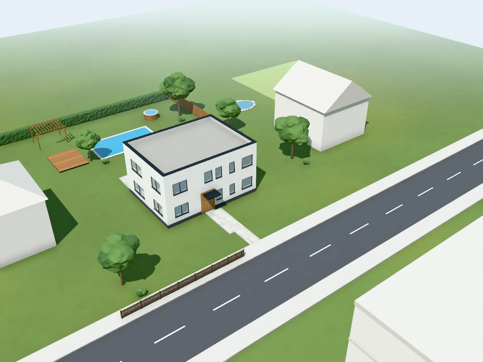 Browser model of a house between light neighbouring buildings, a street with pavement and trees