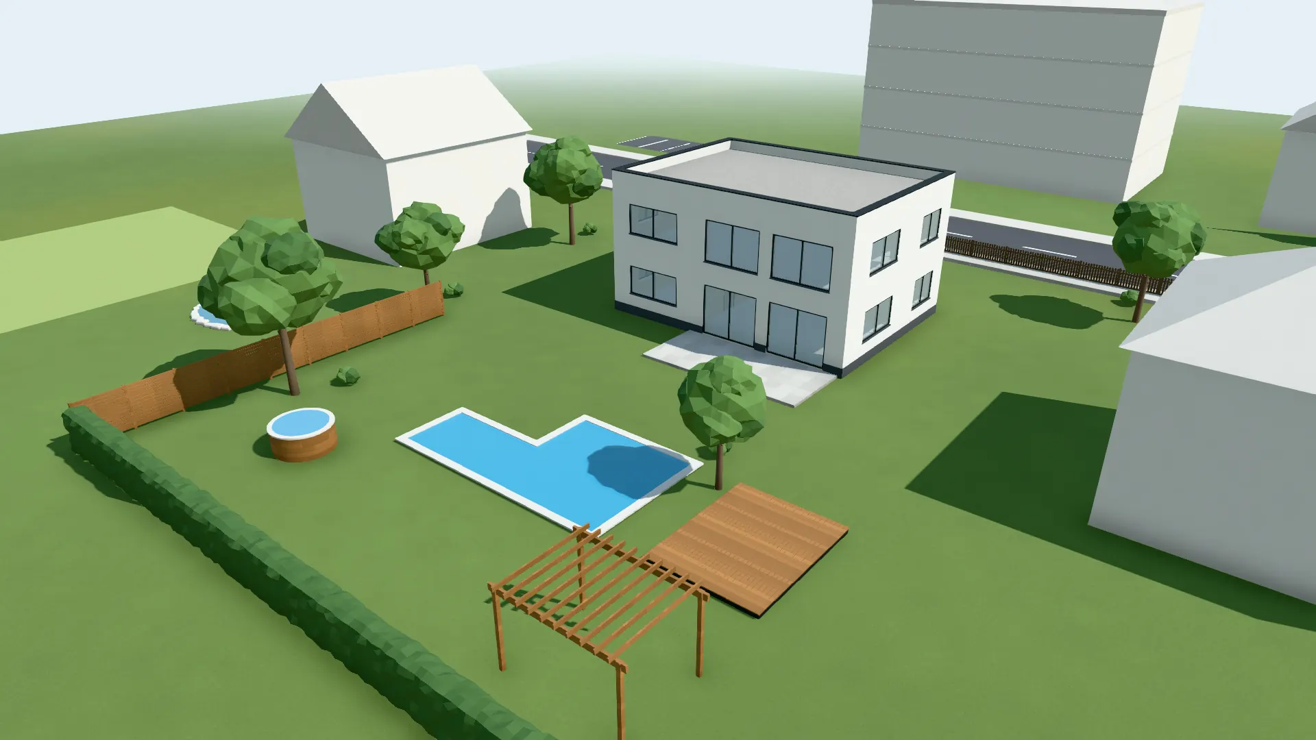 Jardin avec piscine, terrasse en bois, pergola et haie à côté de la maison