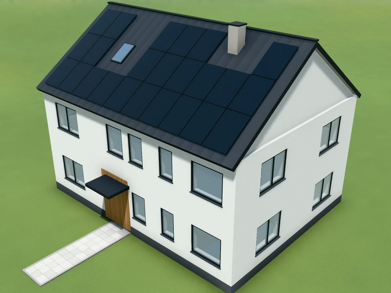 Browser model of a house with PV modules on its gable roof, skylight left free