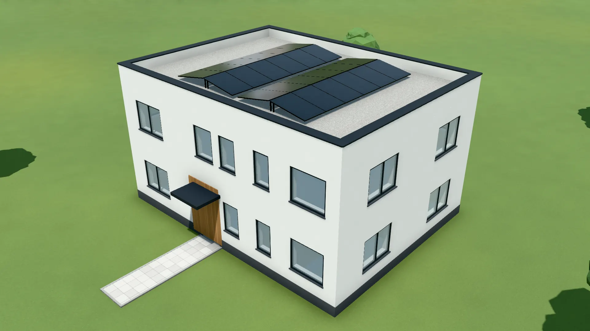 Flat roof with racked modules in east-west orientation