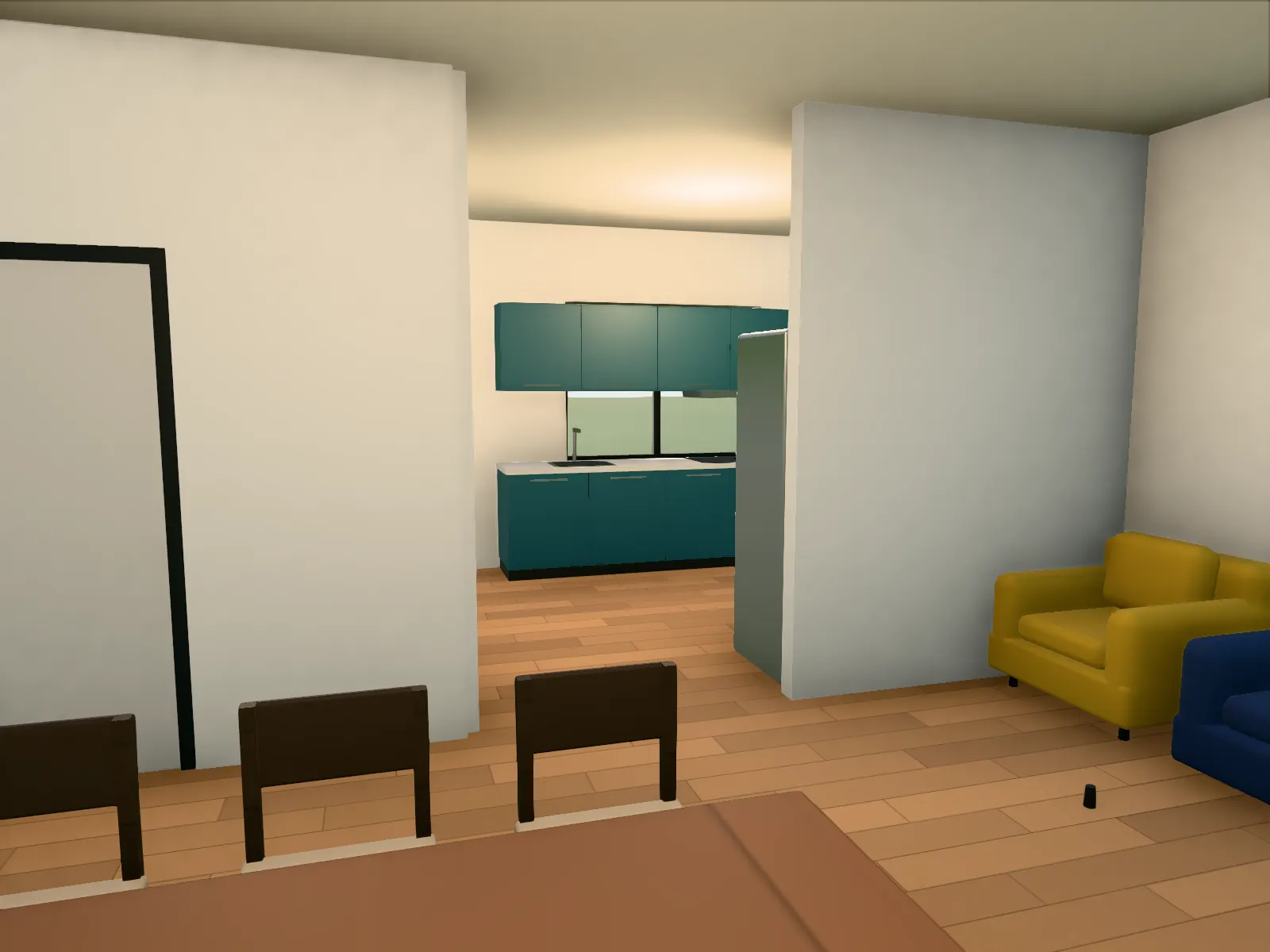 View into an automatically furnished living room in the browser model, with sofa, table and shelving