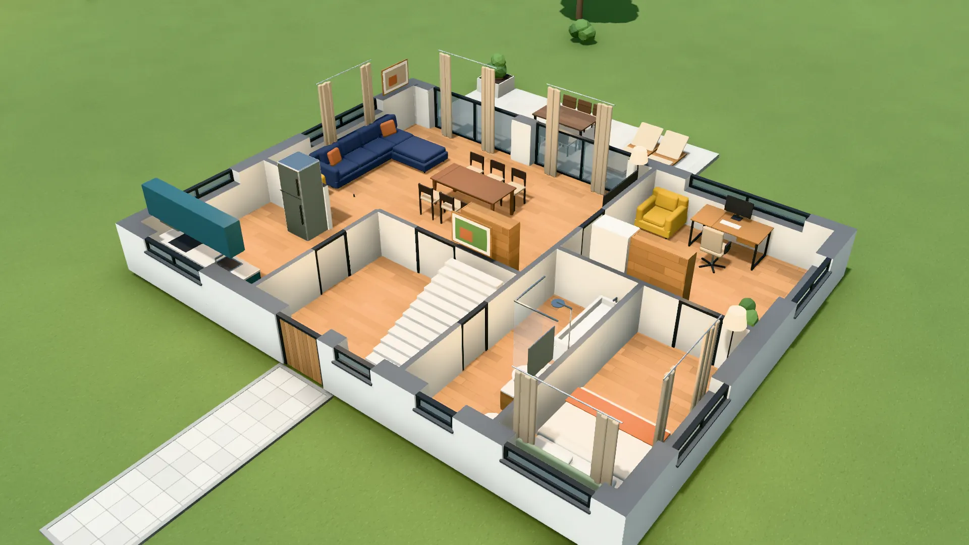 The furnished ground floor in section from above, with furniture in every room