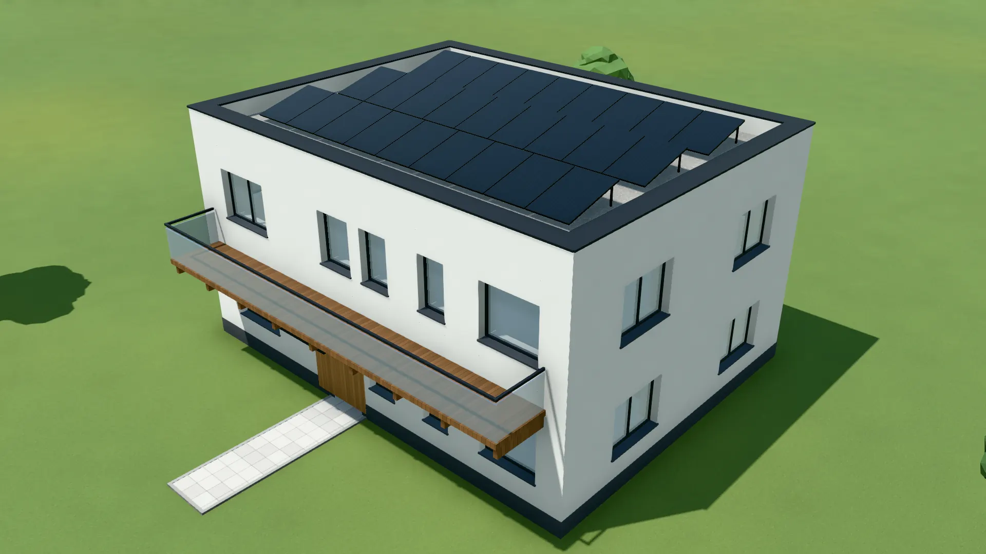 The same house after renovation with an insulated façade and solar panels on the roof