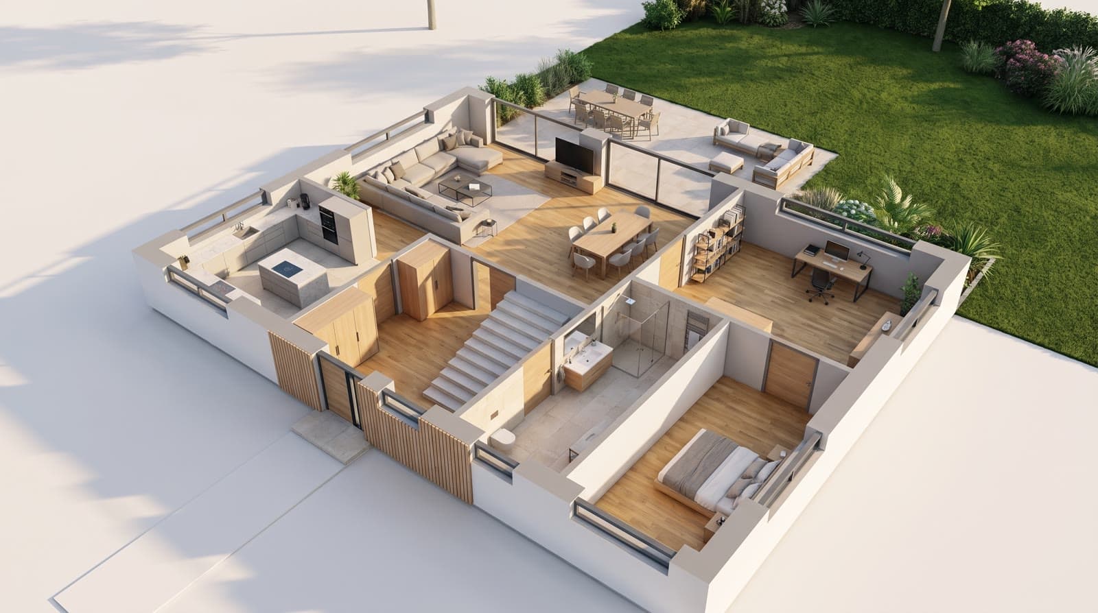 Schnittvisualisierung des Hauses mit möbliertem Erdgeschoß