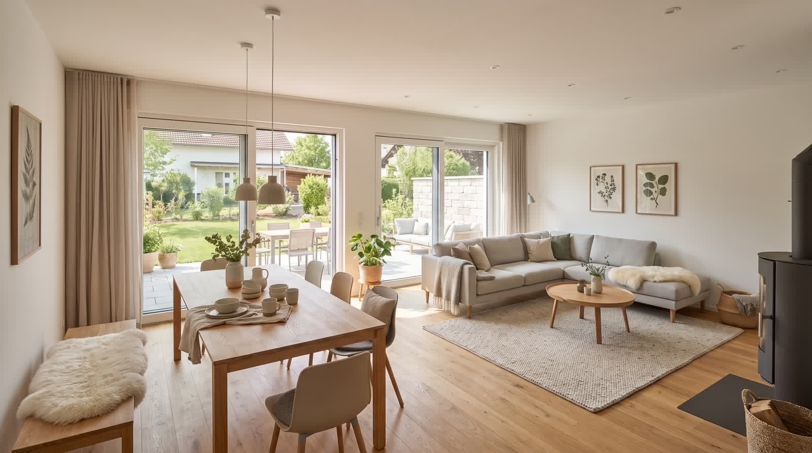 Interior visualisation of the living and dining room looking onto the terrace