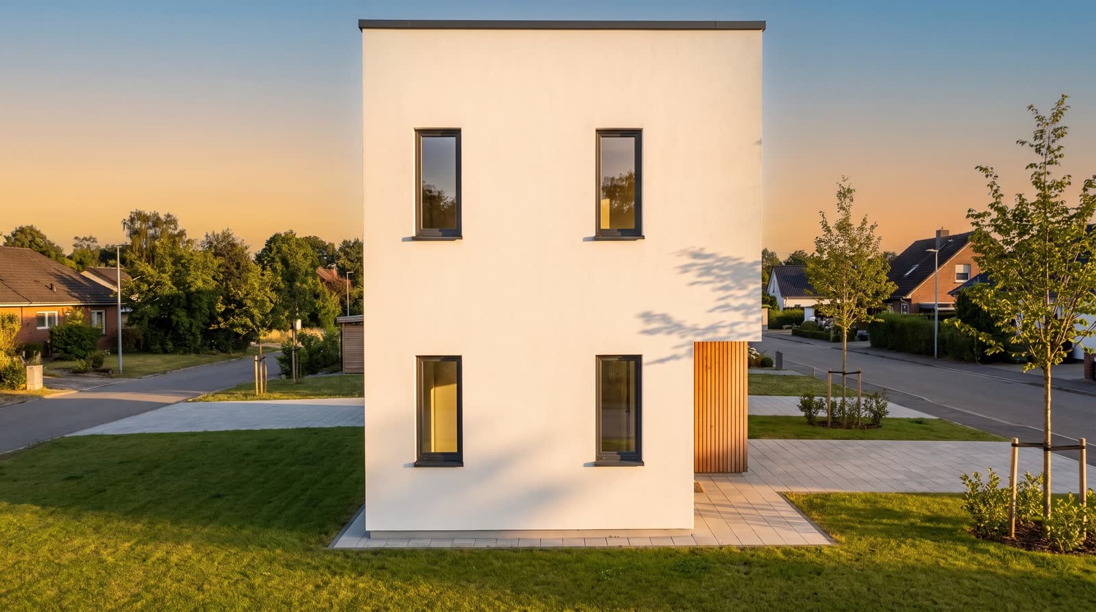 Visualisierung des Hauses von der Straße bei Abendsonne